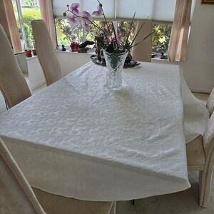 Vintage Handmade Tablecloth Textured Fabric Beige Rounded Oblong 89” x 68”